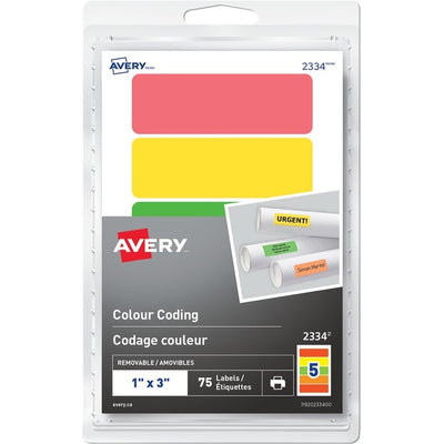 Avery&reg; Removable Rectangular Colour Coding Labelsfor Laser or Inkjet Printers, 1" x 3" (AVE2334)