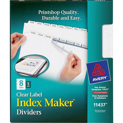 Avery&reg; Print & Apply Clear Label Dividers with Index Maker&reg;and Easy Apply&trade; Labels for Laser and Inkjet Printers, 8 tabs, 5 sets (AVE11437)
