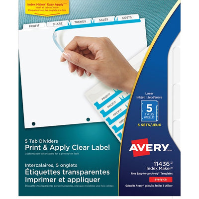 Avery&reg; Print & Apply Clear Label Dividers with Index Maker&reg; Easy Apply&trade; Labels for Laser and Inkjet Printers, 5 tabs, 5 sets (AVE11436)