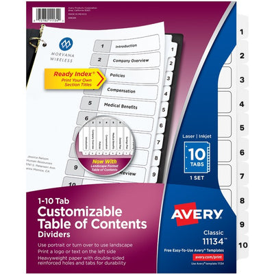 Avery&reg; Ready Index&reg; Table of Content Dividersfor Laser and Inkjet Printers, 10 tabs (AVE11134)