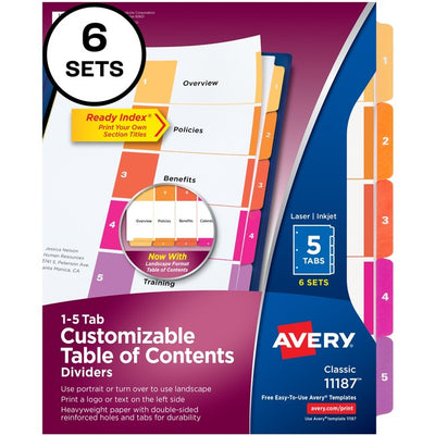 Avery&reg; Ready Index&reg; Table of Content Dividersfor Laser and Inkjet Printers, 5 tabs, 6 sets (AVE11187)