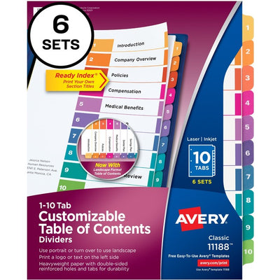 Avery&reg; Ready Index&reg; Table of Content Dividersfor Laser and Inkjet Printers, 10 tabs, 6 sets (AVE11188)