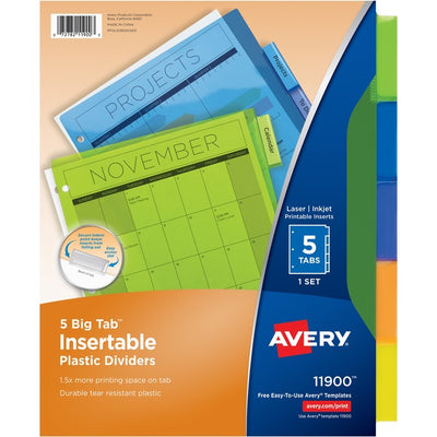 Avery® Big Tab™ Insertable Plastic Dividersfor Laser and Inkjet Printers, 9-1/4" x 11-1/8" , 5 tabs, 1 set (AVE11900)