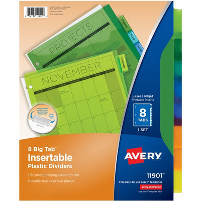 Avery&reg; Big Tab&trade; Insertable Plastic Dividersfor Laser and Inkjet Printers, 9-1/4" x 11-1/8" , 8 tabs, 1 set (AVE11901)
