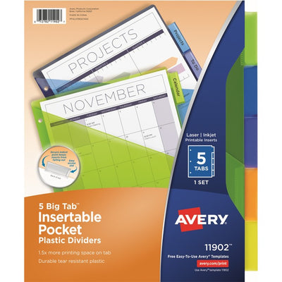 Avery&reg; Big Tab&trade; Insertable Plastic Dividers with Pocketsfor Laser and Inkjet Printers, 9-1/4" x 11-1/8" , 5 tabs, 1 set (AVE11902)