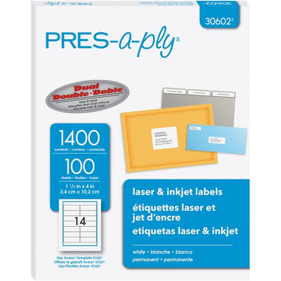 Avery&reg; PRES-a-ply&reg; White Labels, 1-1/3" x 4" , Permanent-Adhesive, 14-up, 1400 labels (AVE30602)