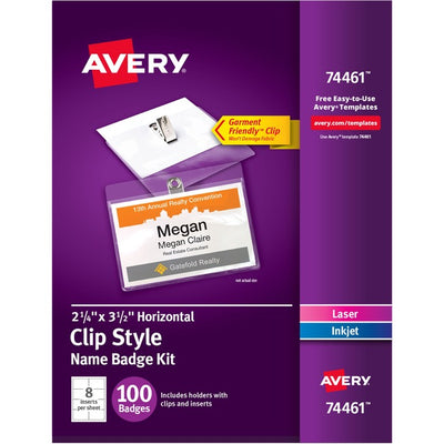 Avery&reg; Garment Friendly Clip Style Name Badge Kitfor Laser and Inkjet Printers, 2-1/4" x 3-1/2" (AVE74461)