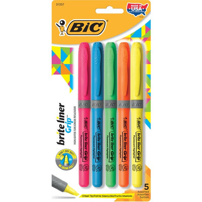 BIC Brite Liner Grip Highlighter, Chisel Tip, Assorted Colours, 5-Count, for Broad Highlighting or Fine Underlining (BICGBLP51-AST)
