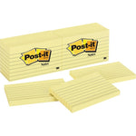 Post-it&reg; Original Lined Notes, Canary Yellow, 3" x 5" , 100 Sheets/Pad, 12 Pads/PK (MMM635)