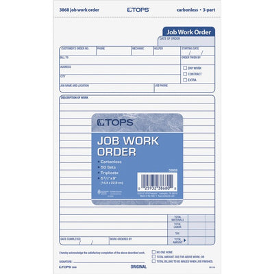 TOPS Carbonless 3-Part Job Work Order Forms (TOP3868)
