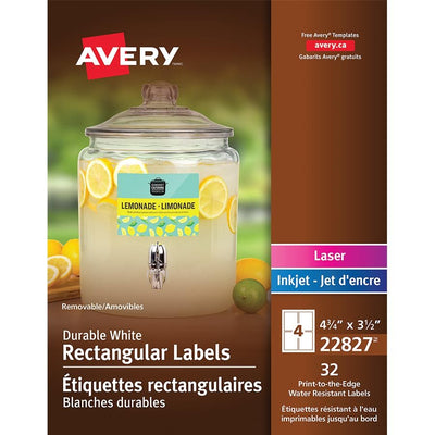 Avery&reg; Durable White Rectangle Film Labels 4-3/4" x 3-1/2" , Removable Adhesive, for Laser and Inkjet Printers (AVE22827)